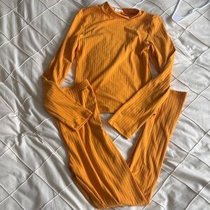 Men's Ribbed Long-Sleeve Top and Pants Set - Orange